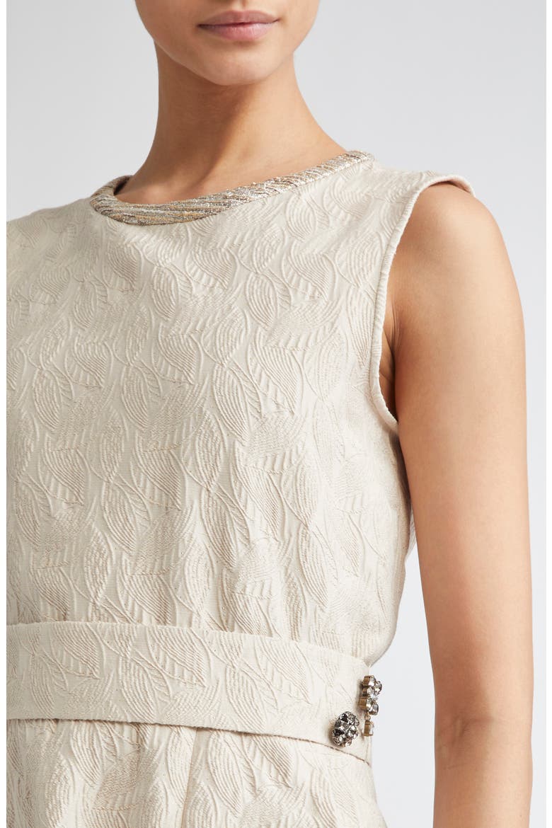 Carmen Leaf Jacquard Belted Midi Dress, Alternate, color, ECRU