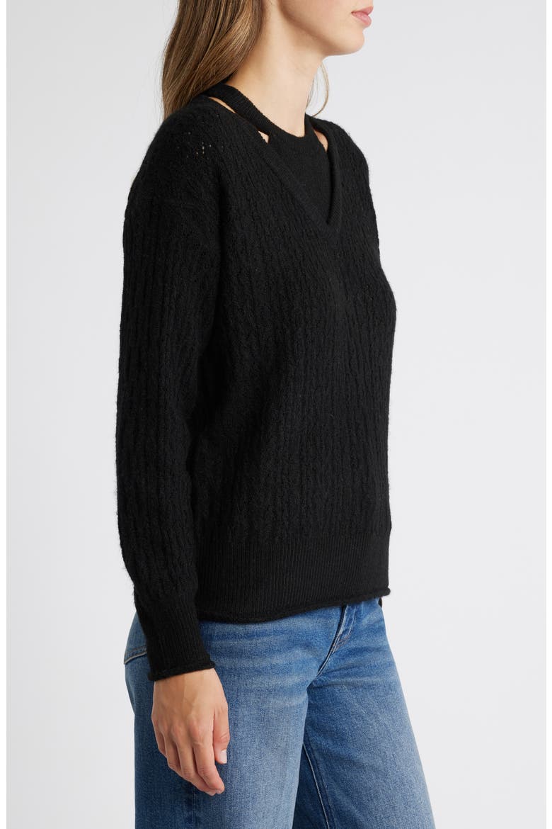V-Neck Sweater with Bib, Alternate, color, BLACK