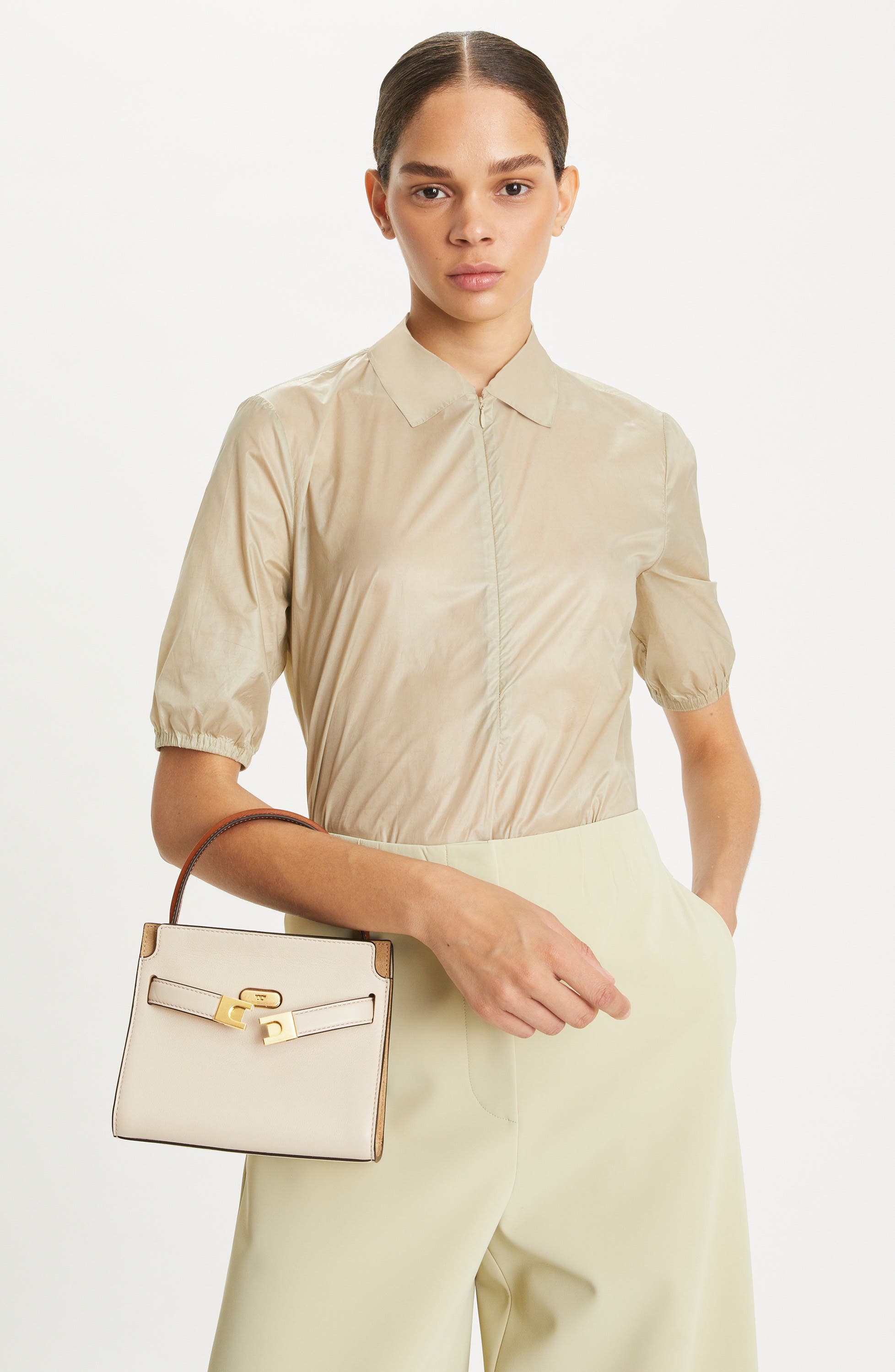 Tory Burch Lee Radziwill Petite Leather Double Bag, Alternate, color, New Cream