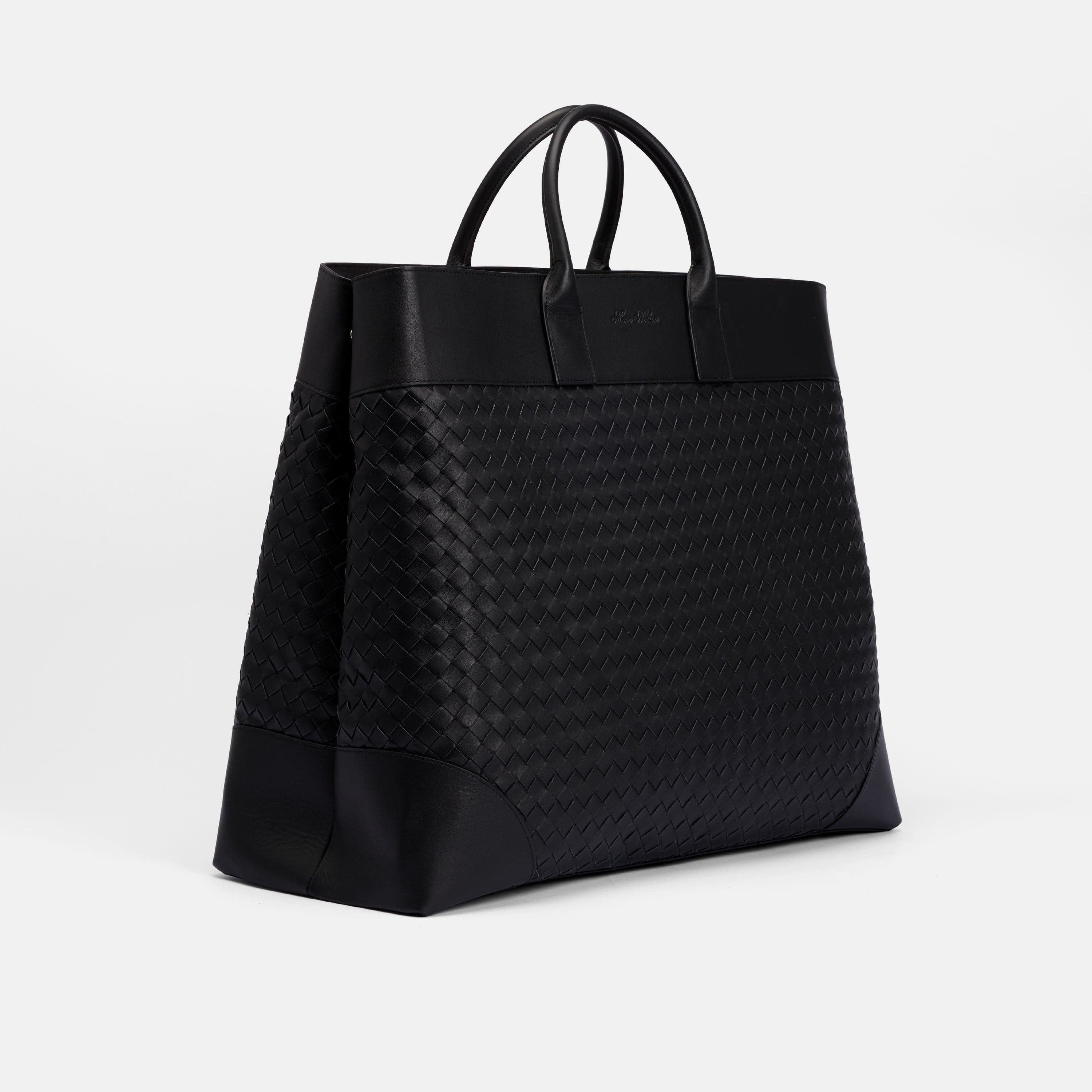 Large Woven Calfskin Leather Weekender, Alternate, color, Black
