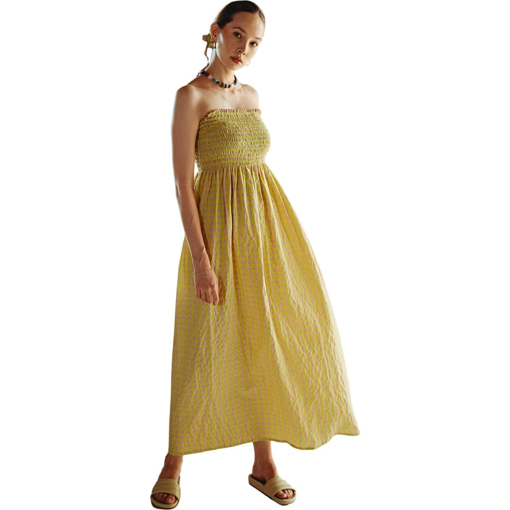 Pink Haley Ava Strapless Crinkle Gingham Dress In Yellow