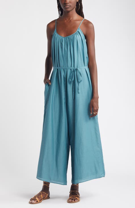 Strappy Tie Waist Cotton & Silk Jumpsuit