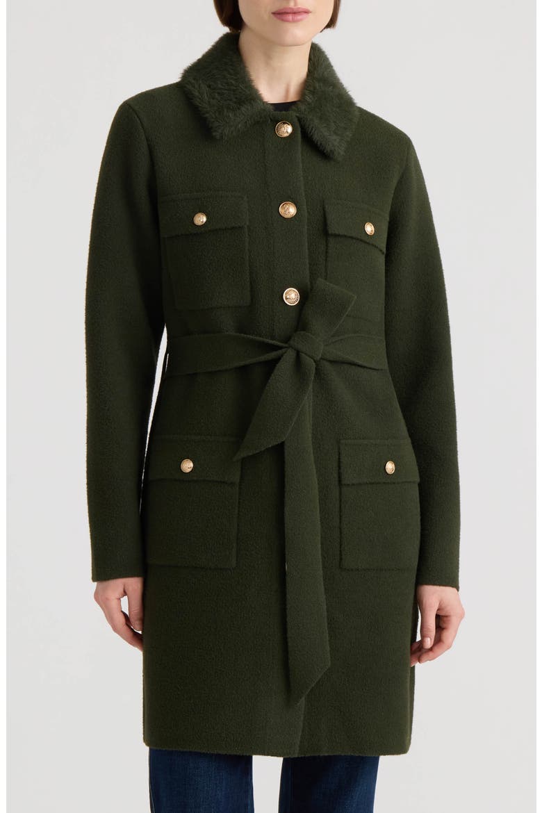 Belted Coatigan with Faux Fur Collar, Main, color, MILITARY GREEN