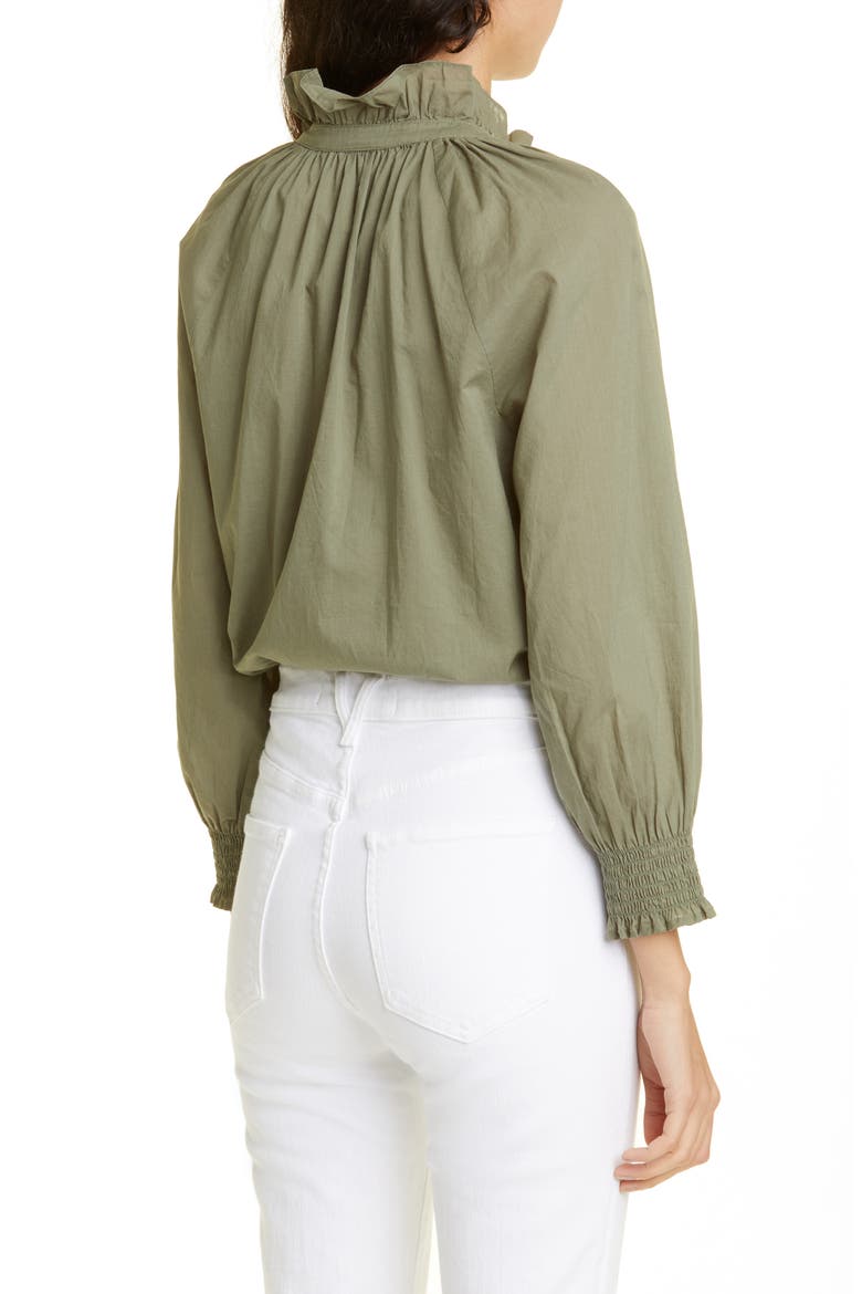 Calisto Ruffle Collar Cotton Button-Up Shirt, Alternate, color, BRIGHT ARMY