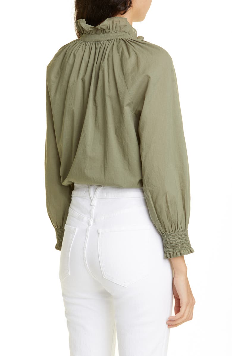 Veronica Beard Calisto Ruffle Collar Cotton Button-Up Shirt, Alternate, color, Bright Army