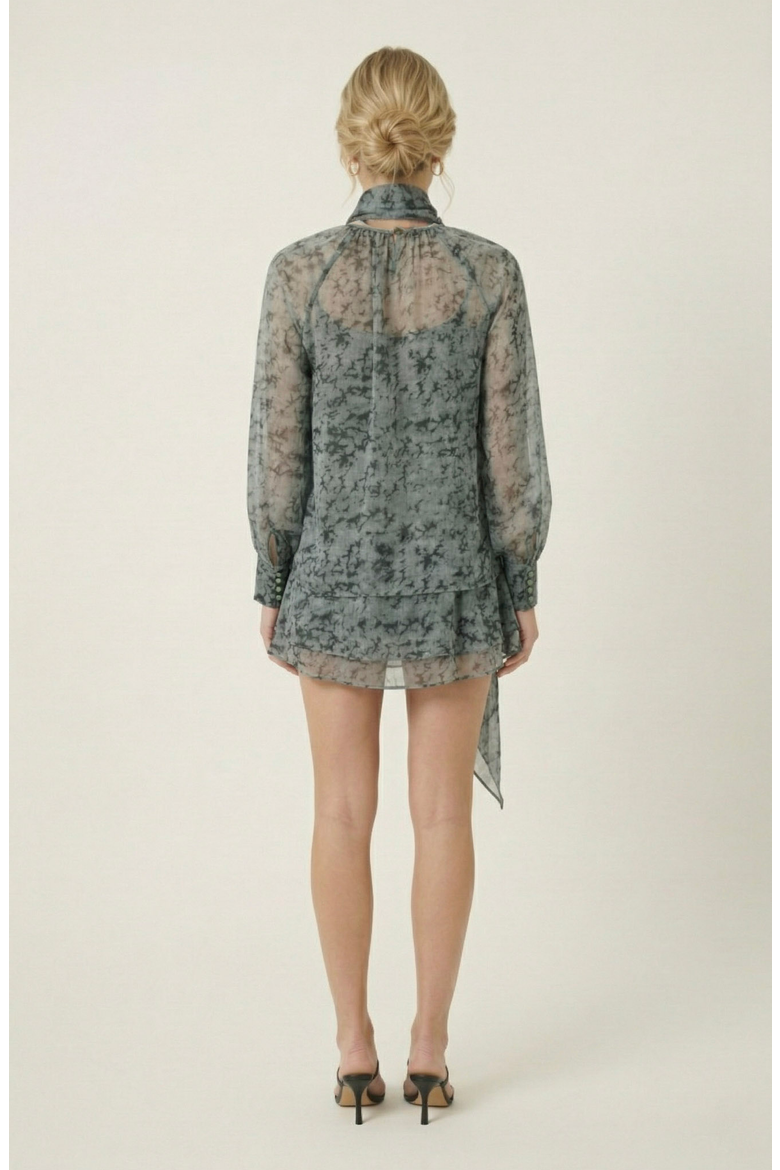 Sheer Printed Asymmetric Top & Skirt Set, Alternate, color, Muted Grey / Blue