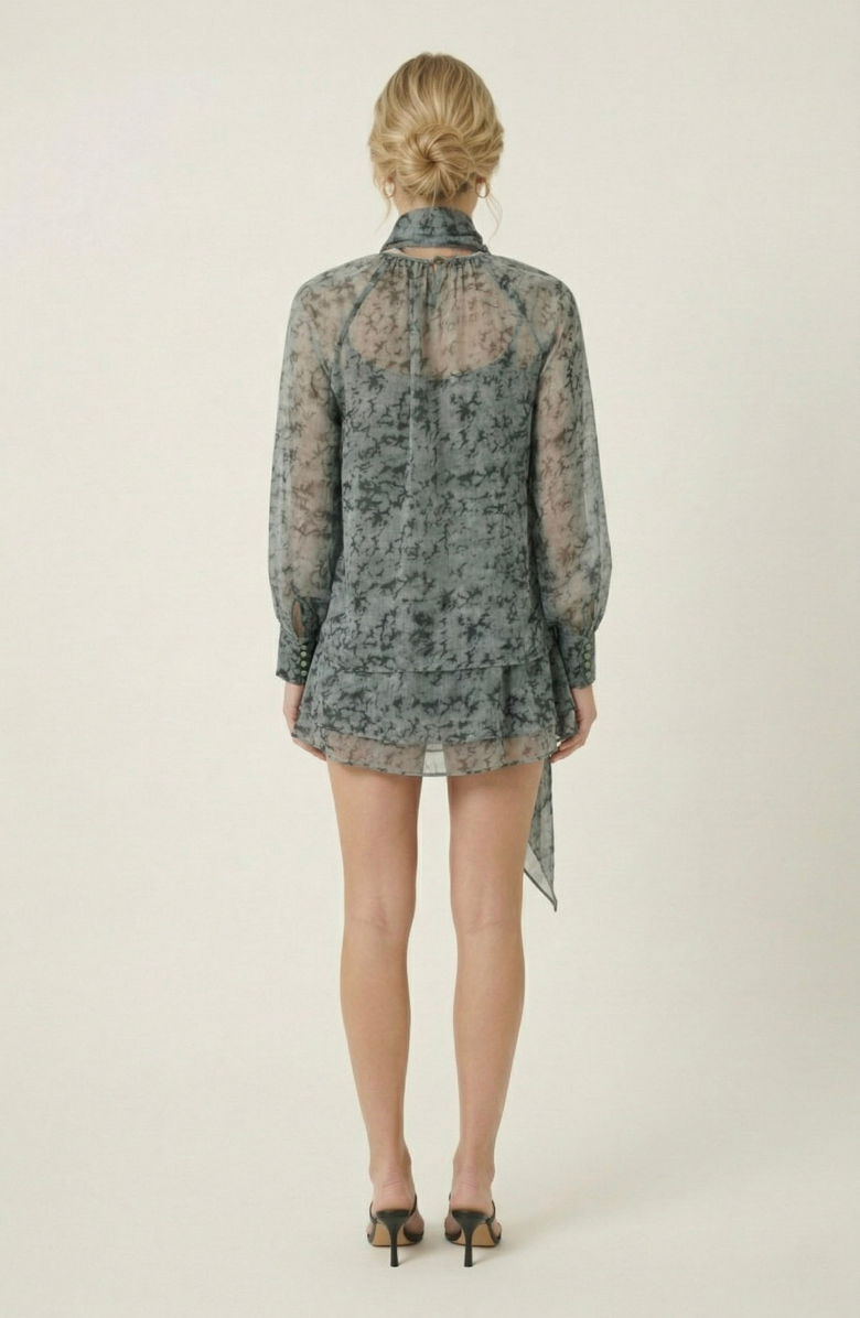 Modenaire Sheer Printed Asymmetric Top & Skirt Set, Alternate, color, Muted Grey / Blue