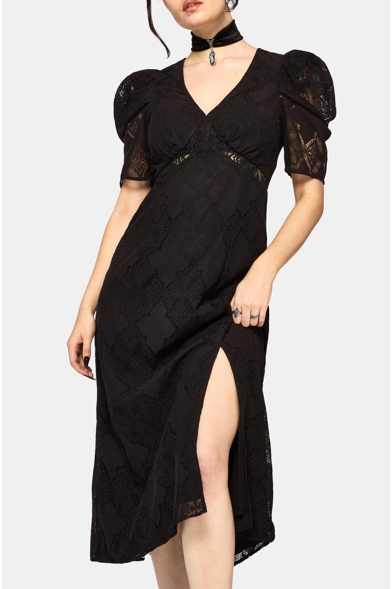 Zephyr Crossed Lace V-Neck Midi Dress, Alternate, color, Black