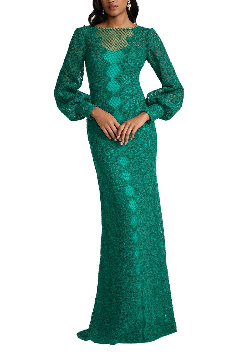 Long sleeve Corded Lace Gown, Alternate, color, EMERALD