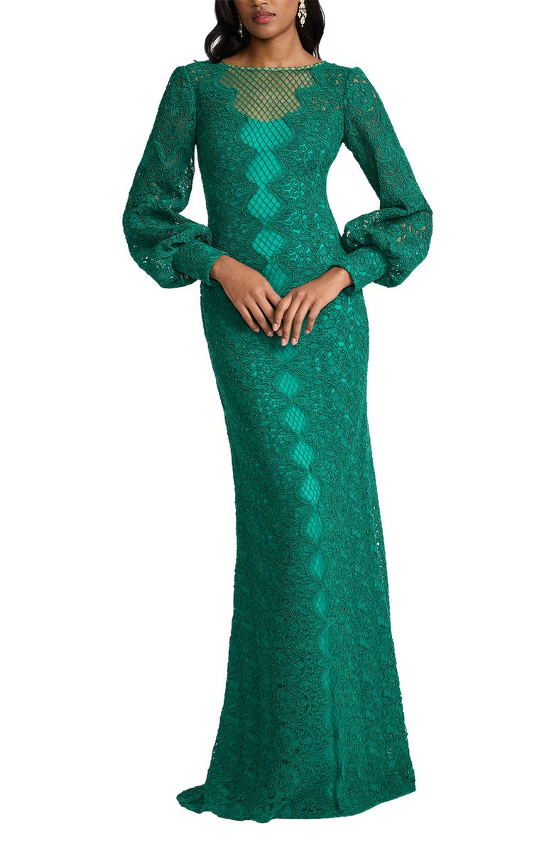 Tadashi Shoji Long sleeve Corded Lace Gown, Alternate, color, Emerald