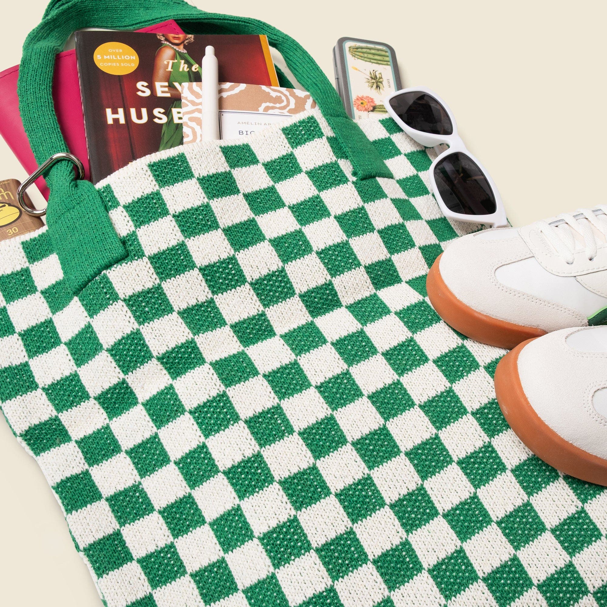 Casupo Checkered Sweater Tote Bag, Alternate, color, Green And White