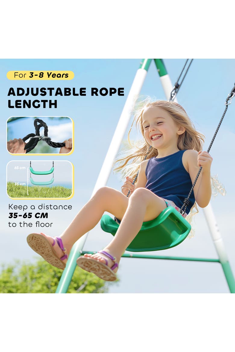 Metal Swing Set with Slide, Saucer Swing Seat, A-Frame Stand, Kids Ages 3-8, Alternate, color, Dark Green