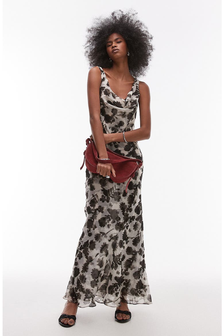 mushroom sheer chiffon cowl neck maxi dress Topshop Floral (Women) Gown carob Women's Ruched Squareneck Sleeveless 11/20/2025 Classy and delicate Size:Medium 8-10