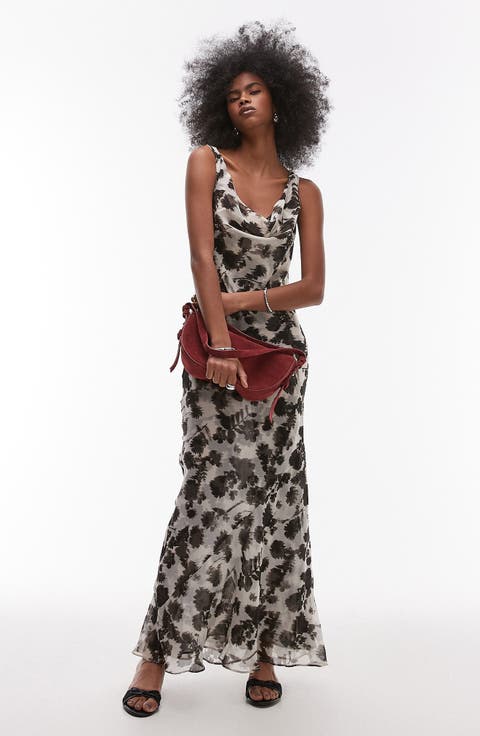 Floral Cowl Neck Chiffon Maxi Dress