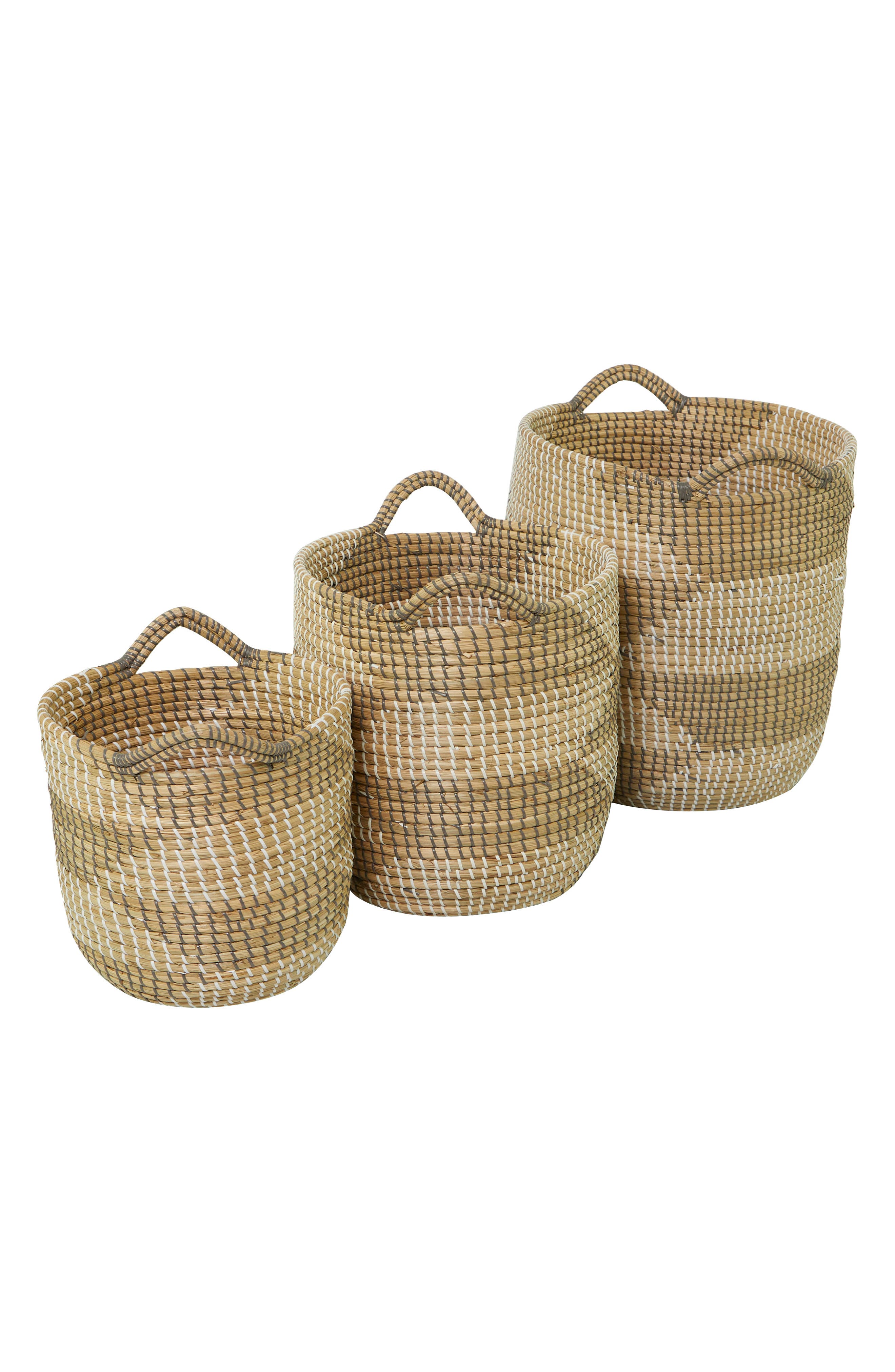 COSMO BY COSMOPOLITAN Brown Seagrass Handmade Two-Tone Storage Basket with Handles - Set of 3