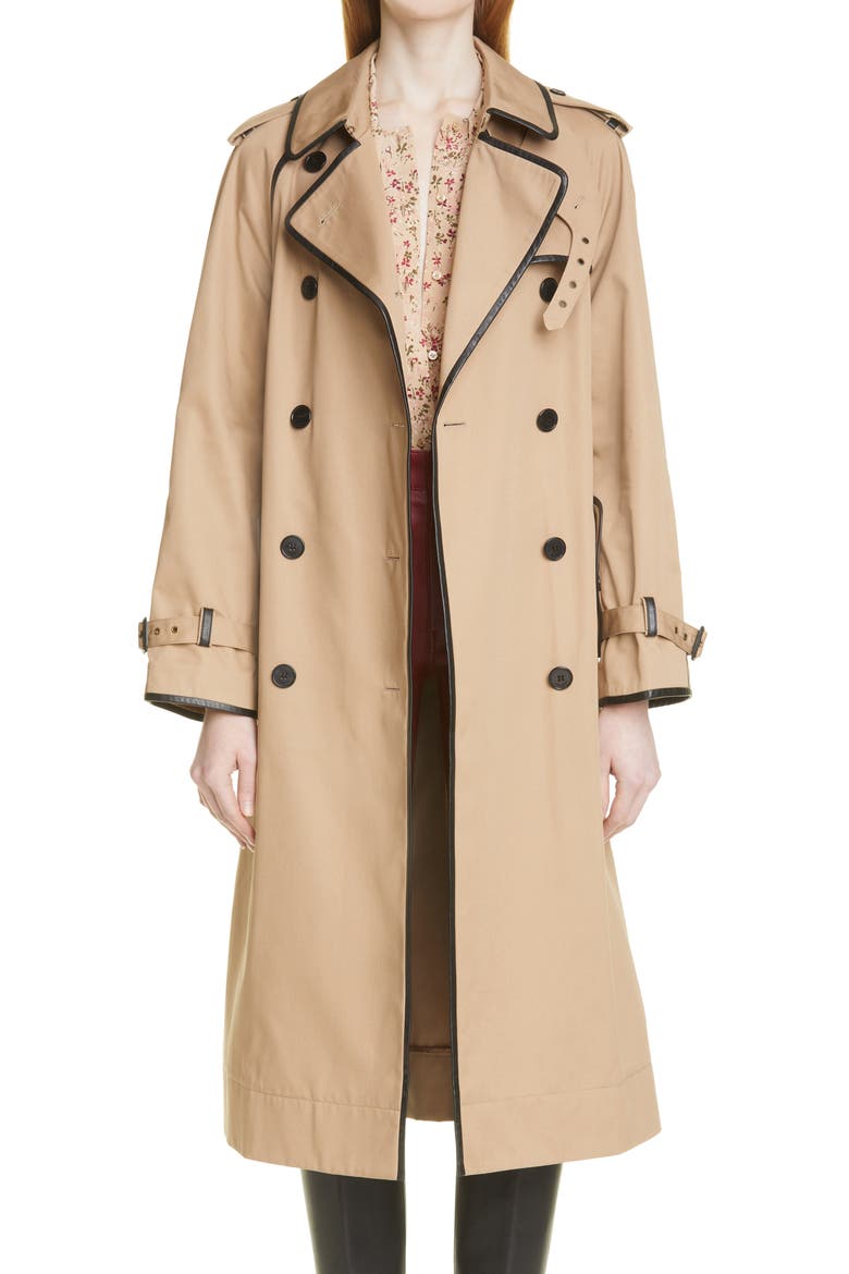 Leather Trimmed Gabardine Trench Coat, Main, color, 9772 SABLE
