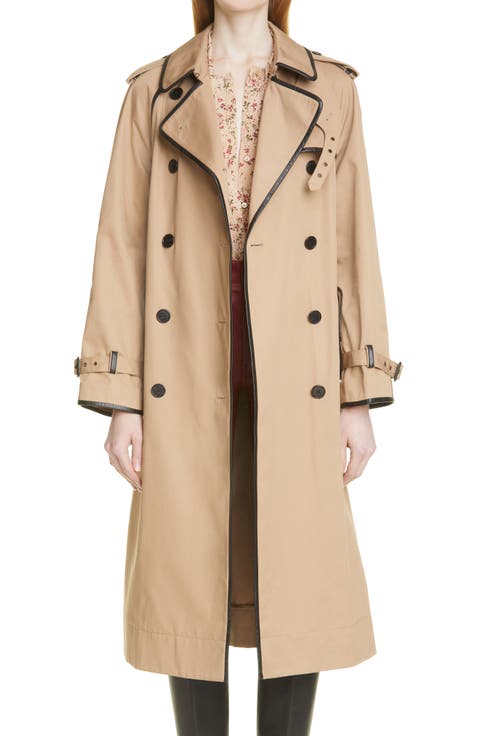 Leather Trimmed Gabardine Trench Coat