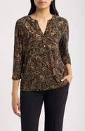 AK ANNE KLEIN Paisley Print Three-Quarter Sleeve Henley