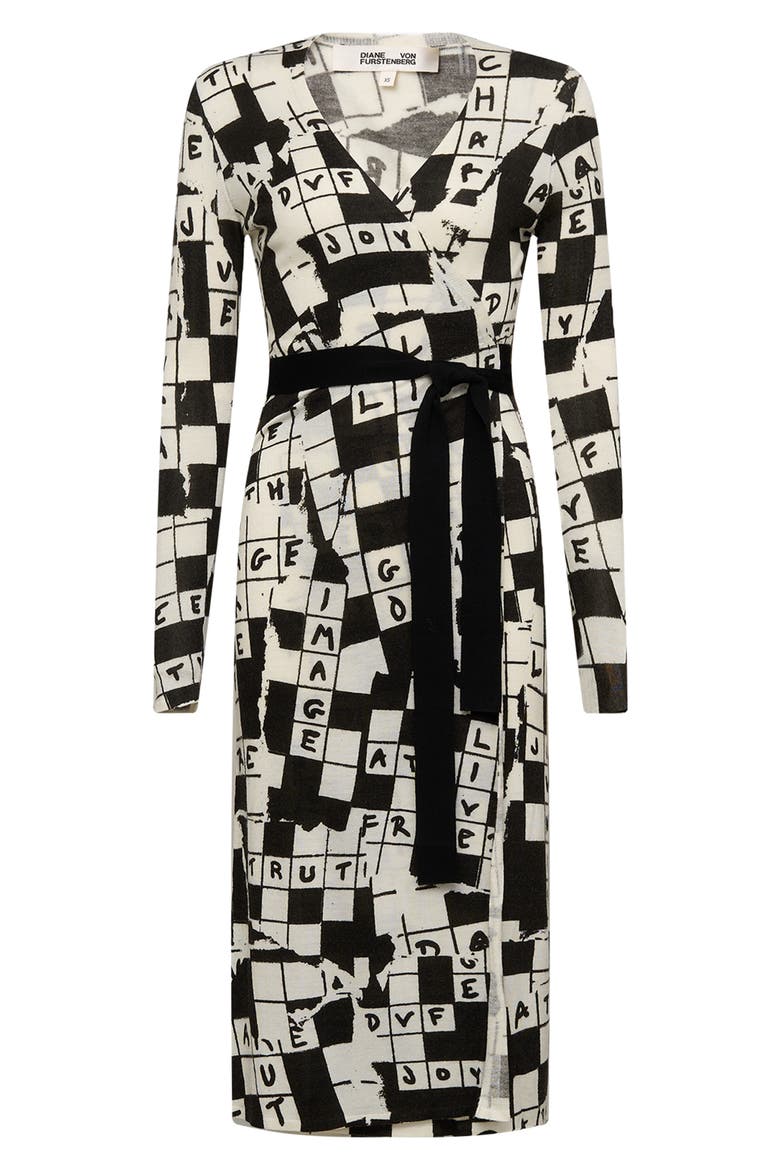 Luella Crossword Print Long Sleeve Merino Wool Wrap Dress, Alternate, color, DVF 50TH CROSS WORD IVORY MED