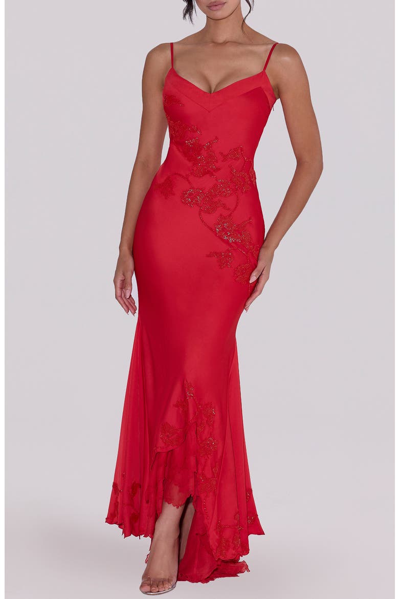 Anastelle Bead Embellished Satin Mermaid Gown, Main, color, RED