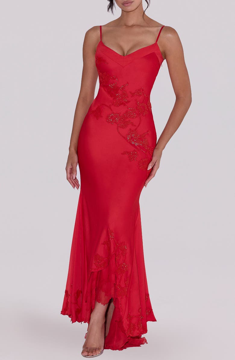 HOUSE OF CB Anastelle Bead Embellished Satin Mermaid Gown, Main, color, 
