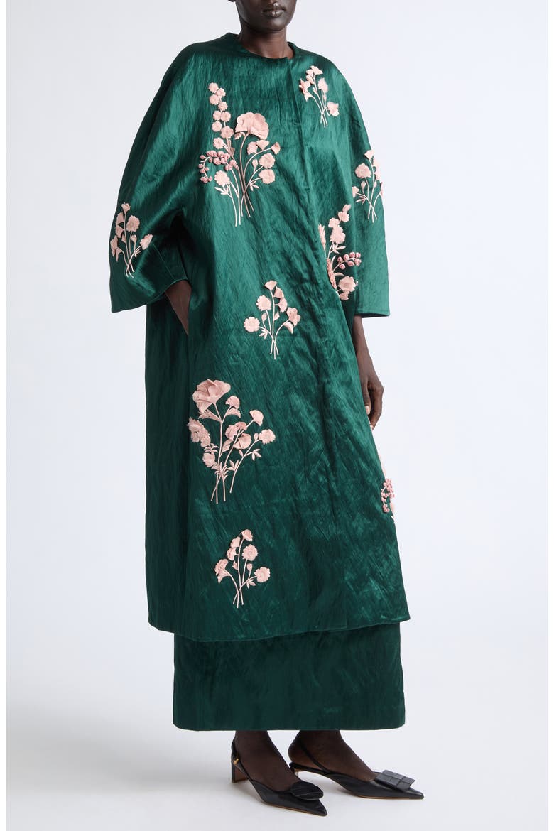 Embroidered Textured Satin Coat, Alternate, color, FOREST GREEN