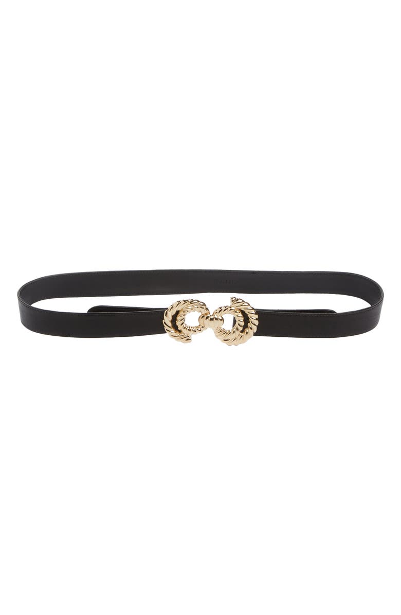 Raina Twisted Circle Buckle Leather Belt, Main, color, Black