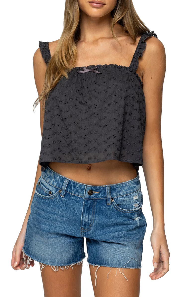 EDIKTED Tami Embroidered Eyelet Cotton Camisole, Main, color, Dark-Gray