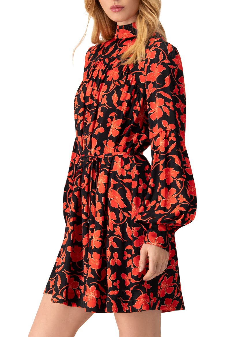 Black Mini Dress with Red Floral Print and Drawstring Waist, Alternate, color, Red