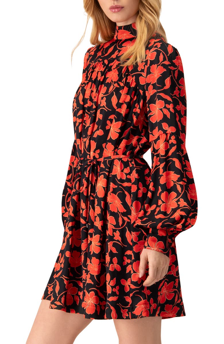 IVONNE Black Mini Dress with Red Floral Print and Drawstring Waist, Alternate, color, Red