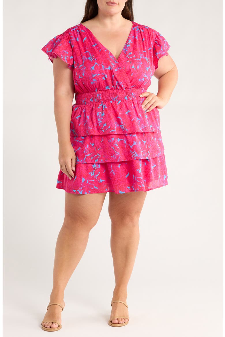 Delina Floral Gerry Puff Sleeve Cotton Minidress, Main, color, PINK/ BLUE