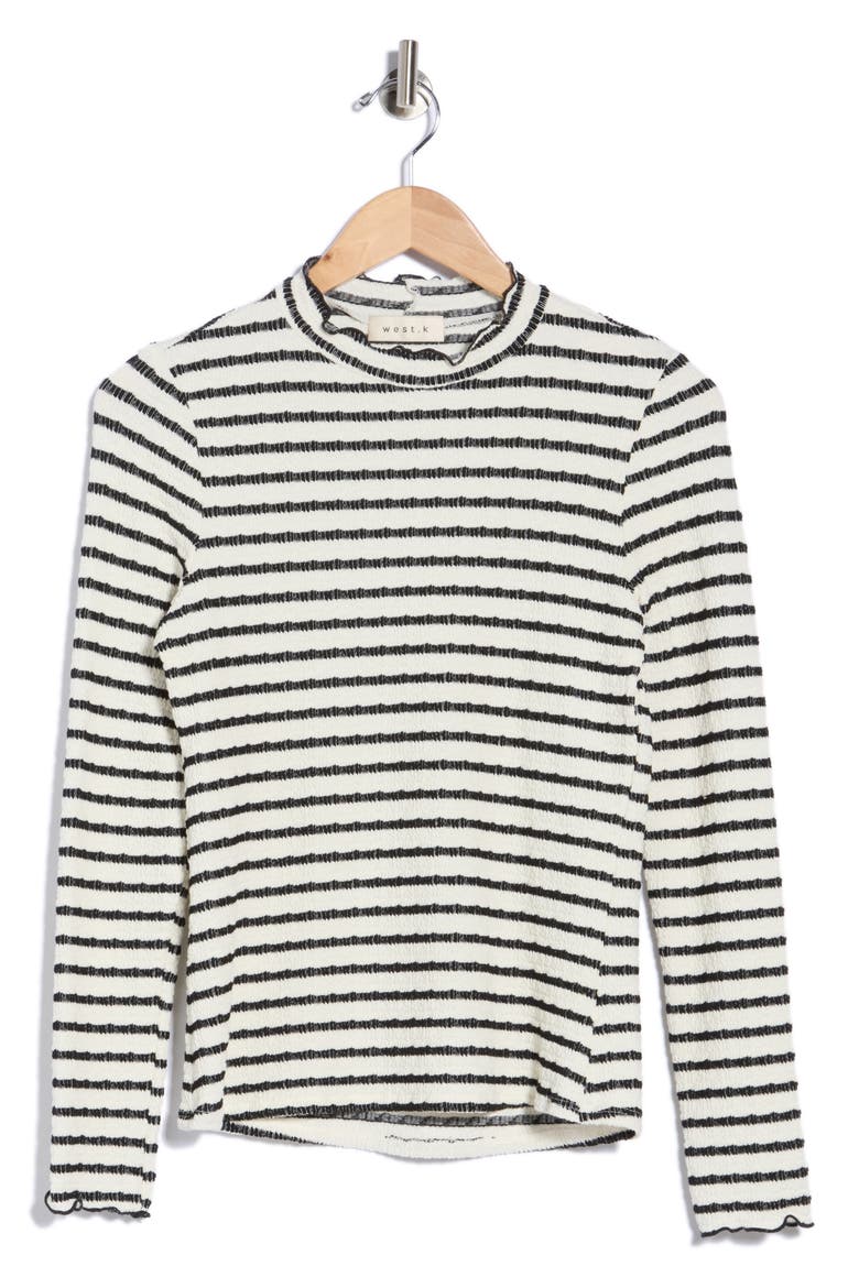 Textured Stripe Lettuce Edge Long Sleeve Mock Neck Top, Alternate, color, WHITE/ BLACK