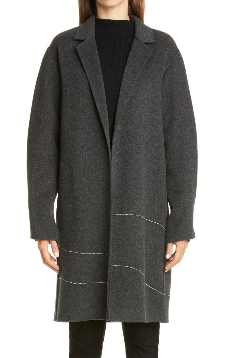 Lafayette 148 New York Crawley Embellished Cashmere Coat, Main, color, Smoke Melange