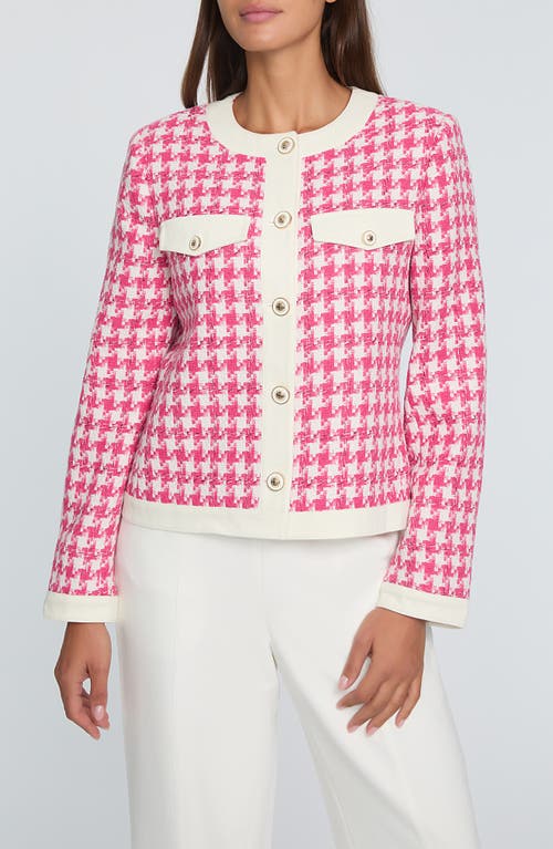 Elie Tahari The Farley Houndstooth Tweed Jacket In Haute Pink And Sky White