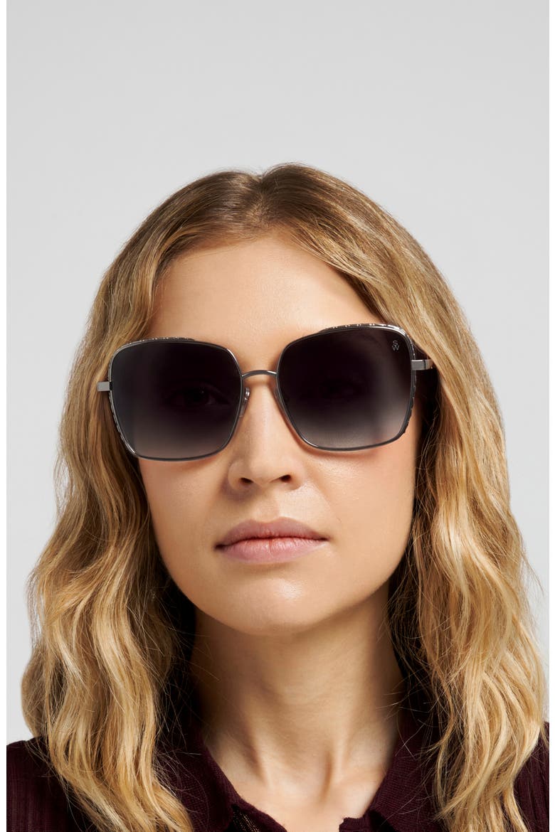 60mm Crystal Gradient Rectangular Sunglasses, Alternate, color, DARK RUTHENIUM/ DARK GREY SF
