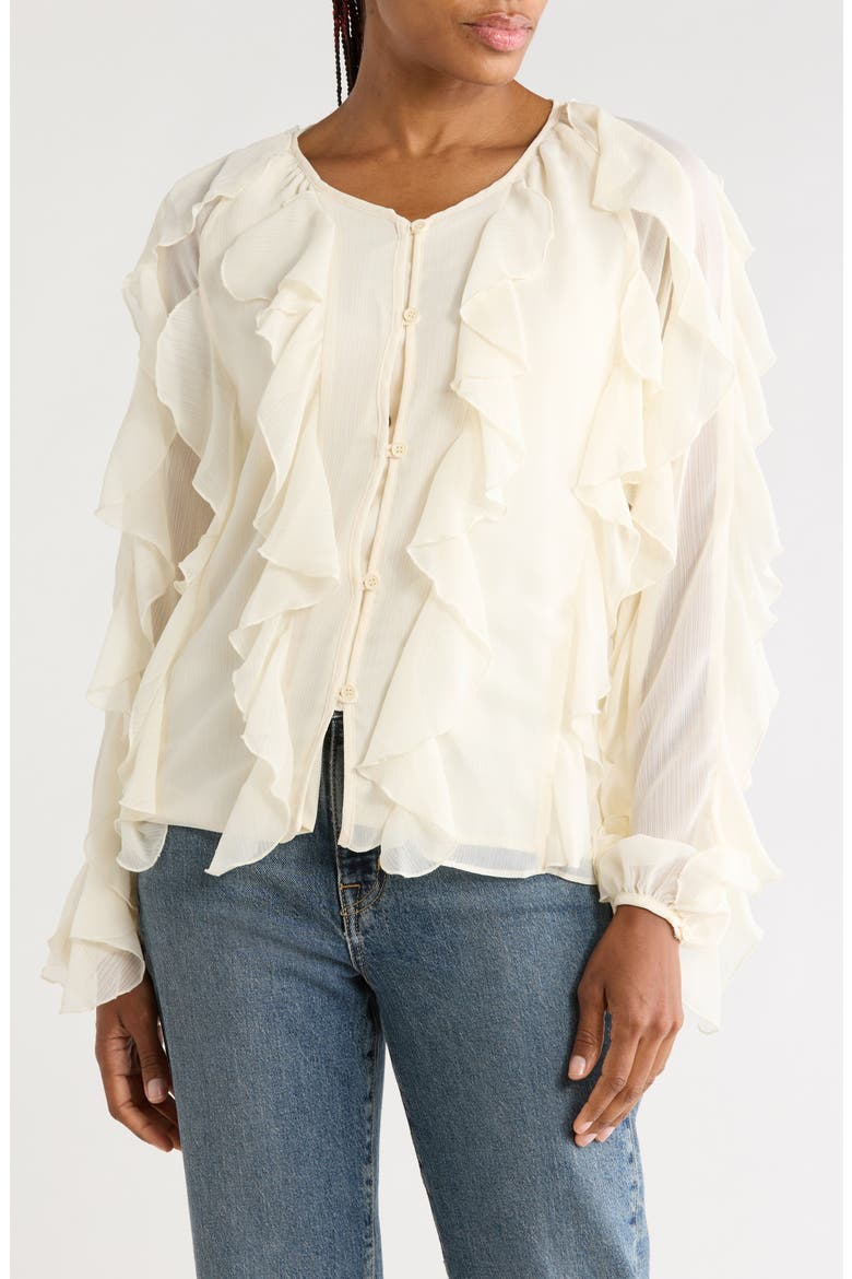 Flyn Ruffle Button-Up Shirt, Main, color, IVORY
