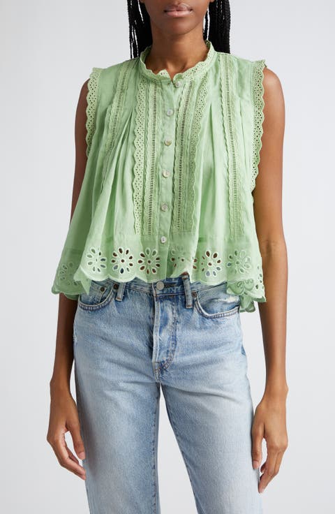 Eyelet Accent Sleeveless High-Low Cotton Top