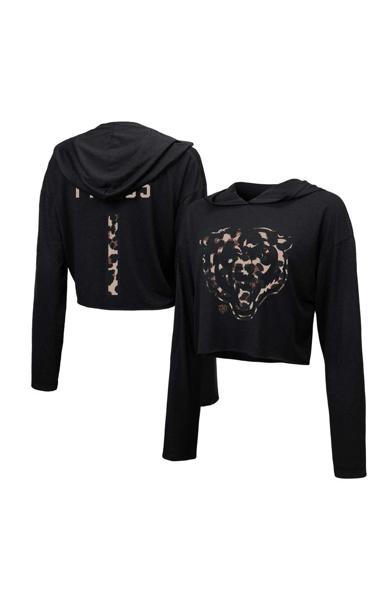 Majestic Threads Women's Majestic Threads Justin Fields Black Chicago Bears Leopard Player Name & Number Long Sleeve Cropped Hoodie, Main, color, 