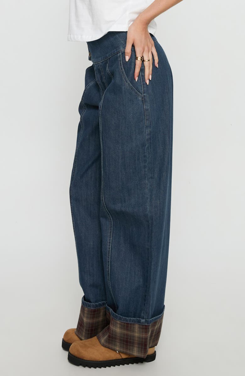 Princess Polly Nikolette Foldover Wide Leg Jeans, Alternate, color, Dark Wash / Check