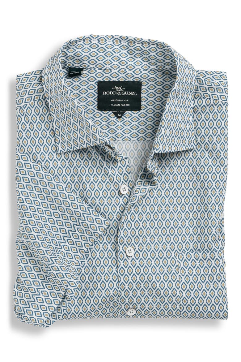 Carrick Geo Print Short Sleeve Button-Up Shirt, Alternate, color, SAND/ BLUE