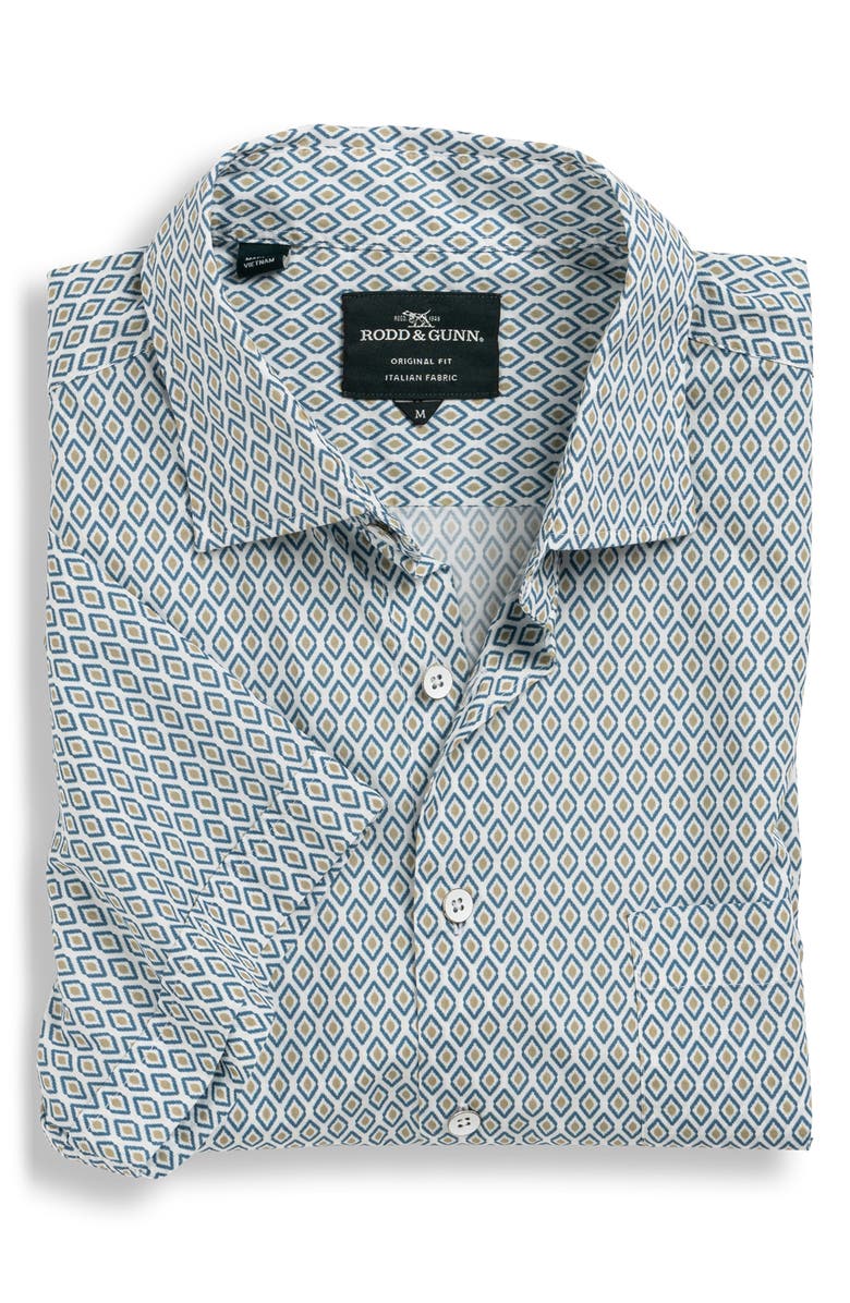 Rodd & Gunn Carrick Geo Print Short Sleeve Button-Up Shirt, Alternate, color, Sand/ Blue