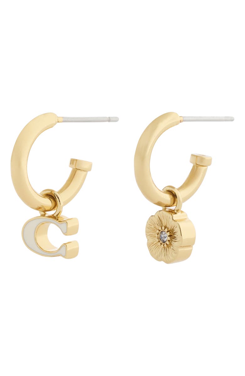 COACH Tea Rose & Sculpted C Mismatch Hoop Earrings, Alternate, color, White/ Gold
