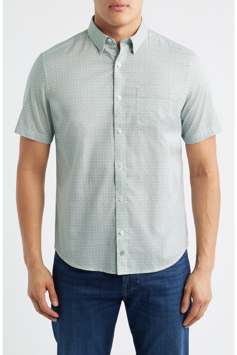 Logan Microprint Short Sleeve Cotton Blend Button-Up Shirt, Main, color, GREEN HASHED SQUARES