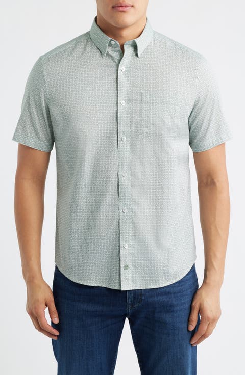 Logan Microprint Short Sleeve Cotton Blend Button-Up Shirt