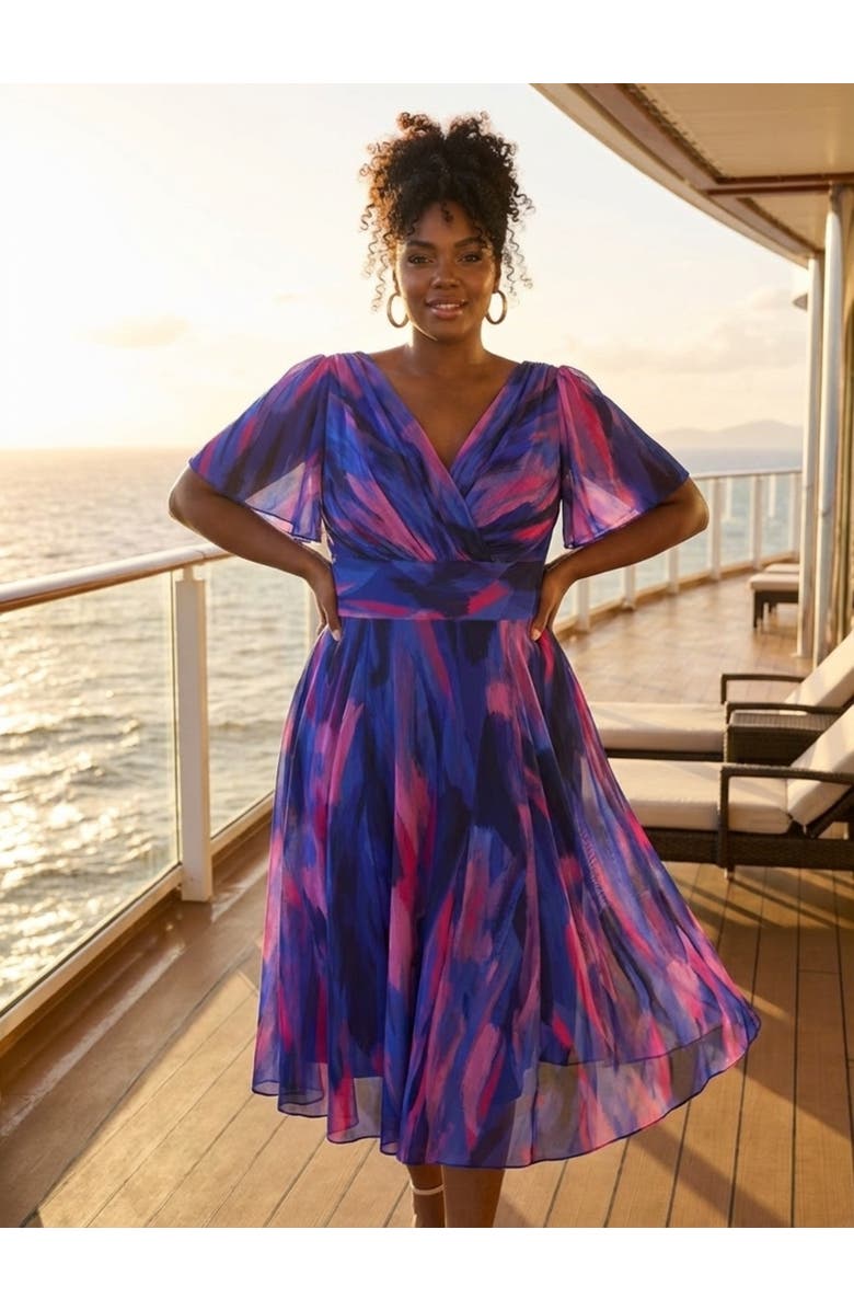 Scarlett & Jo Victoria Brush Angel Sleeve Midi Dress, Alternate, color, Blue Pink Brush