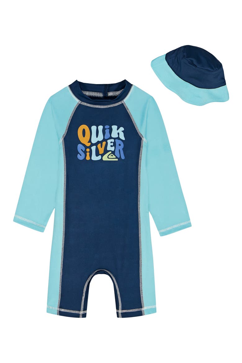 Long Sleeve One-Piece Rashguard Swimsuit & Hat Set, Main, color, BLUE MULTI