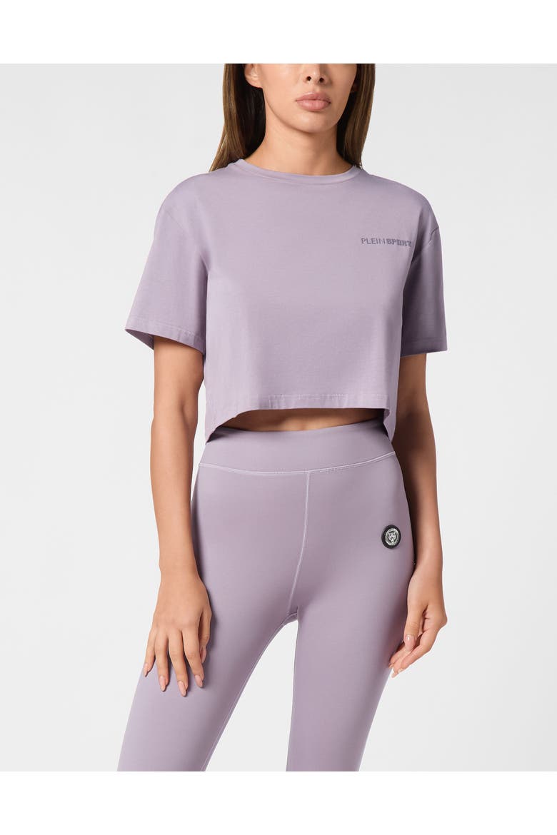 Cotton Cropped T-Shirt Round Neck Ss Scratch Women, Main, color, Purple