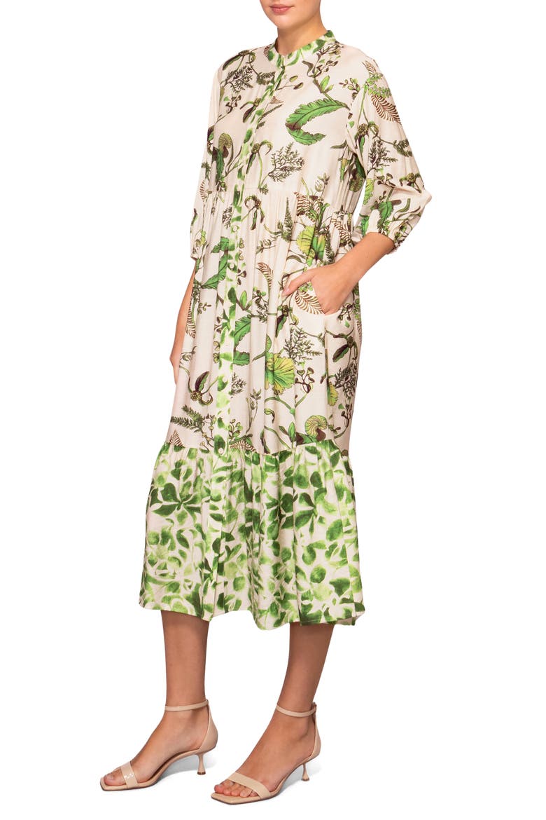 Mixed Media Midi Shirtdress, Alternate, color, IVORY GREEN PRINT