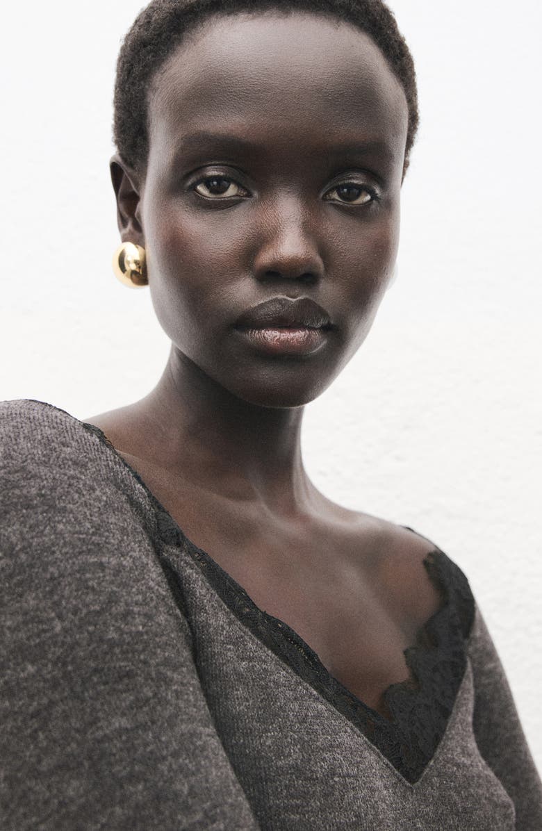 MANGO Lace Trim Long Sleeve Top, Alternate, color, Medium Heather Grey