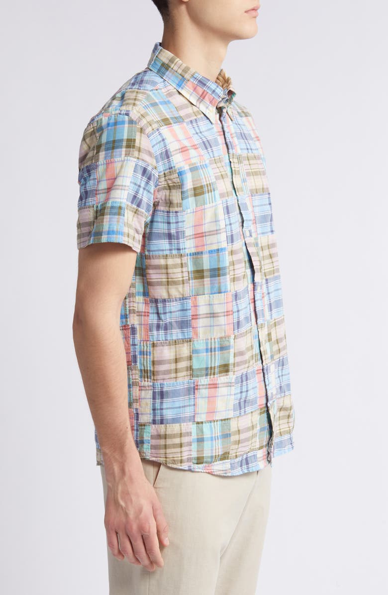 Brooks Brothers Regular Fit Plaid Patchwork Short Sleeve Cotton Madras Button-Down Shirt, Alternate, color, 